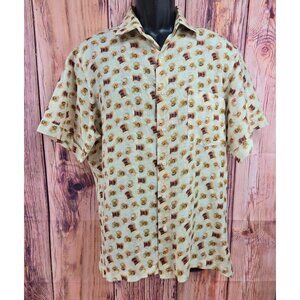 Centuria Mens Medium Beige Button-Up Shirt Bongo Drum Print